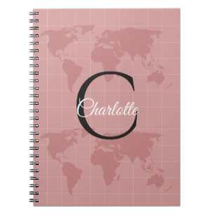 Carnet Carte du monde rose personnalisée avec monogramme,