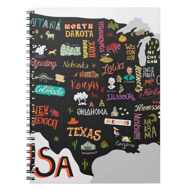 Carnet Carte illustrée des États-Unis. Poster avec états  (Devant)