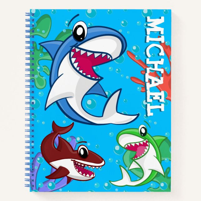 Carnet Cartoon de requin mignon sous l'eau Bleu Océan Poi (Devant)
