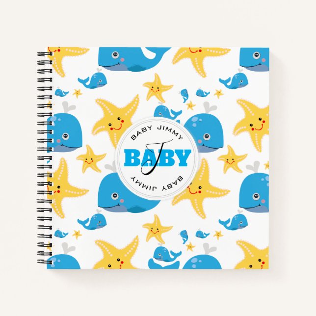 Carnet Cartoon pour bébé Motif Monogramme pour baleine et (Devant)