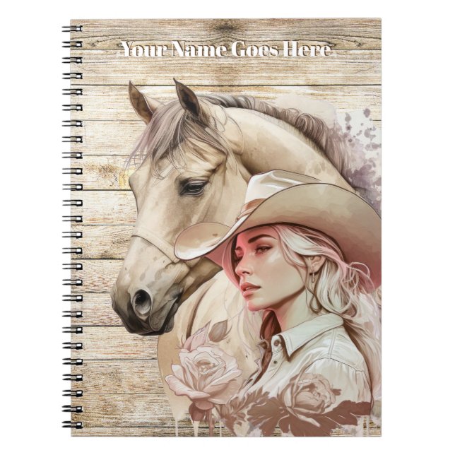 Carnet Cavalière aquarelle cheval grain de bois DIY nom (Devant)