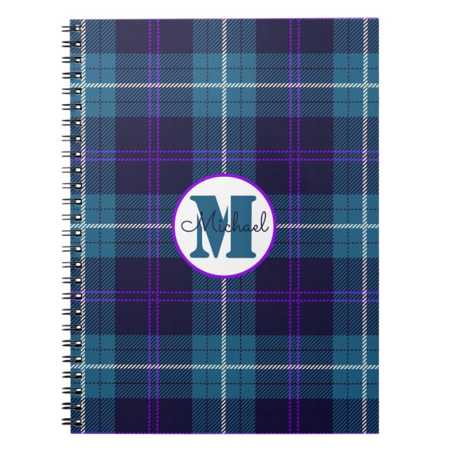 Carnet Celadon Blue Plaid Tartan Monogramme Nom du script (Devant)