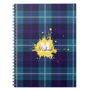 Carnet Celadon Blue Plaid Tartan Yellow Splash Monogramme