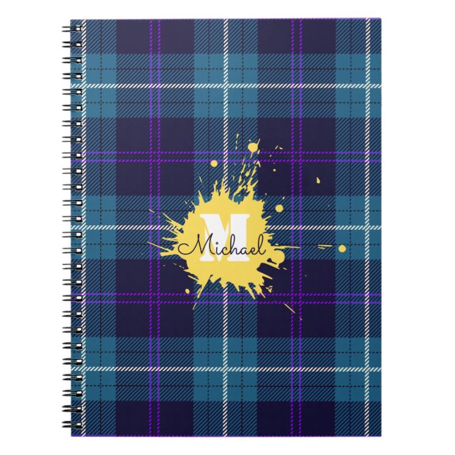 Carnet Celadon Blue Plaid Tartan Yellow Splash Monogramme (Devant)