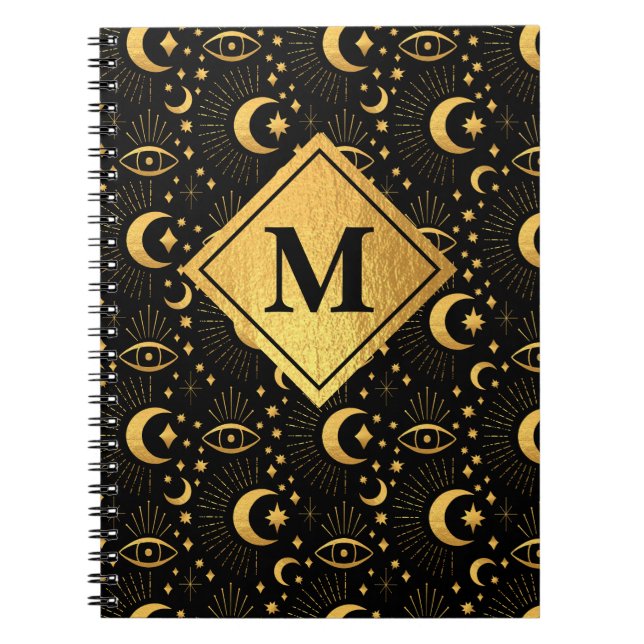 Carnet Céleste Black & Gold Stars Lune Motif Monogramme (Devant)