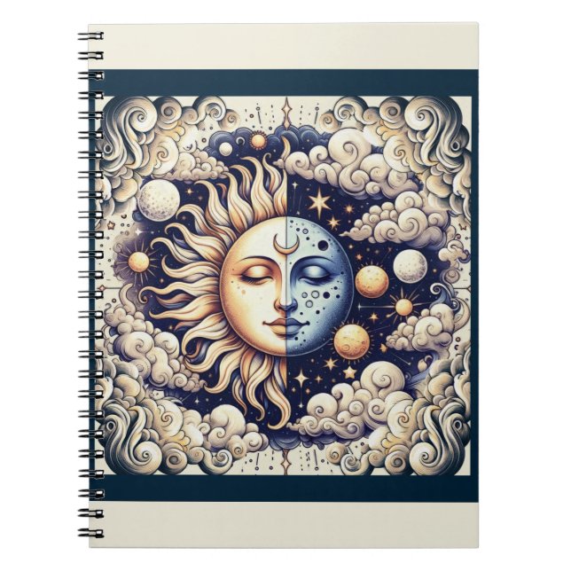 Carnet Céleste Vintage Demi Soleil & Lune Bleu Jaune (Devant)