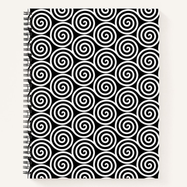 Carnet Cercles en spirale abstraits en noir et blanc (Devant)