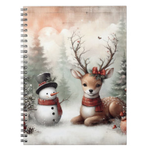 Carnet Cerf de Noël/bonhomme de neige en bois classique