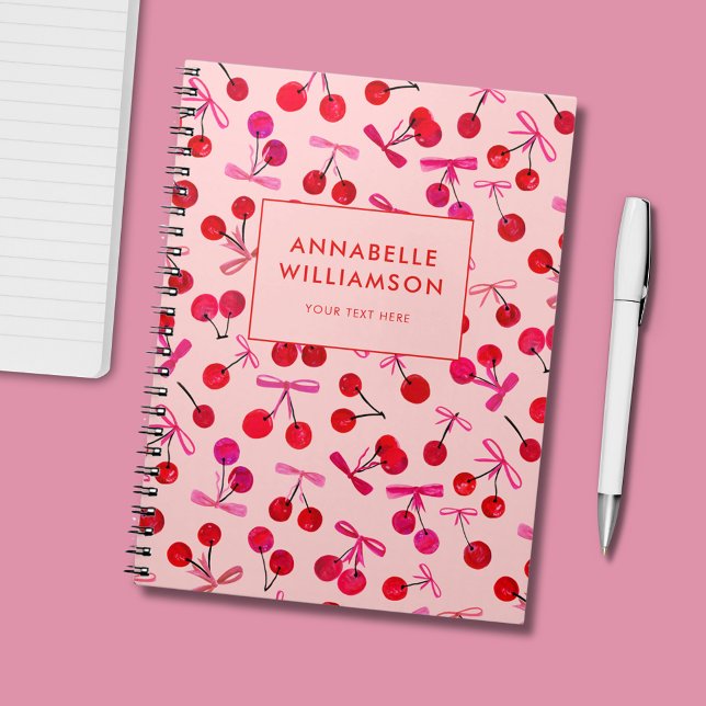 Carnet Cerise & Nœud Rose (Cute cherry & bow, coquette aesthetic, personalized notebook/journal.)