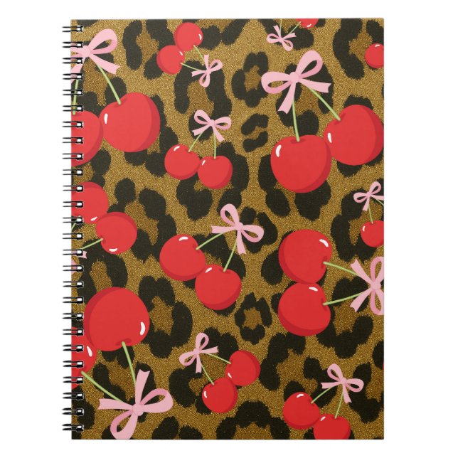 Carnet Cerises Rouges avec Nœud Rose Imprimé Léopard Coqu (Devant)