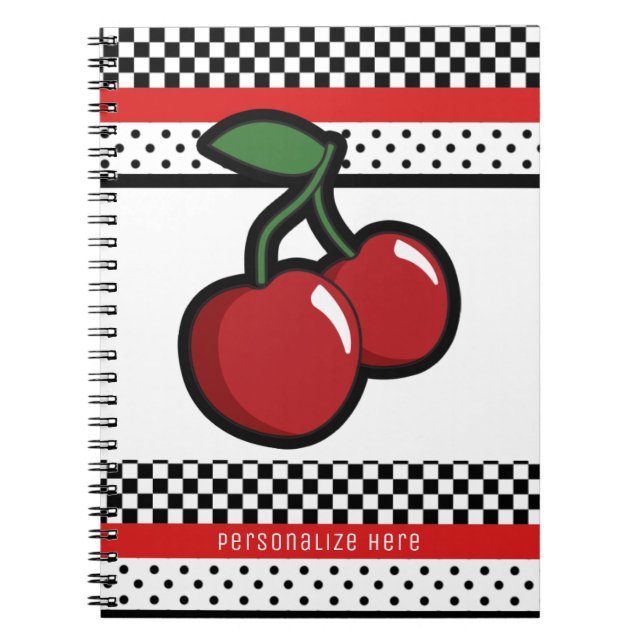 Carnet Cerises rouges Noir et blanc Retro Personnalisé (Devant)