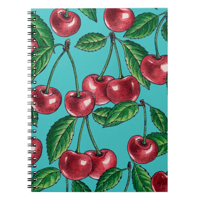 Carnet Cerises rouges sur turquoise (Devant)