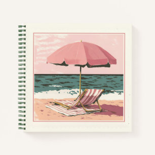 Carnet Chaise de plage rose et crème et parapluie