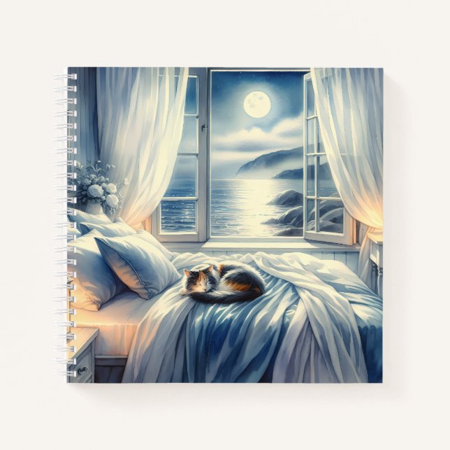 Carnet Chambre côtière au clair de lune avec chat endormi (Devant)