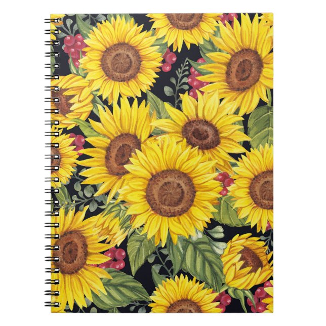 Carnet Champ de tournesol : aquarelle noir arrière - plan (Devant)