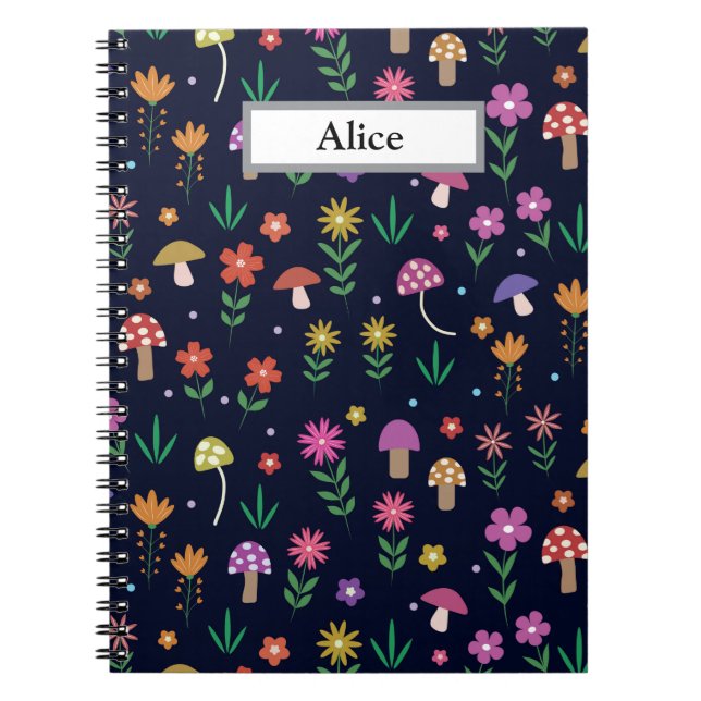 Carnet Champignons avec Fleurs Fantaisistes  Nom personna (Devant)