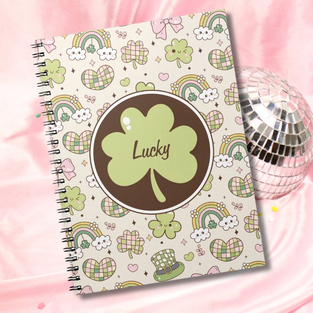 Carnet Chance Shamrock et Rainbows St. Patrick's Day (Modern cute kawaii mixes with a '70s vibes color palette and disco theme on this custom notebook.)