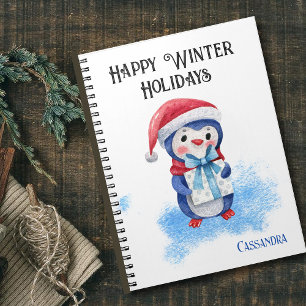 Carnet Chapeau de Père Noël mignon Pingouin Bleu & Cadeau