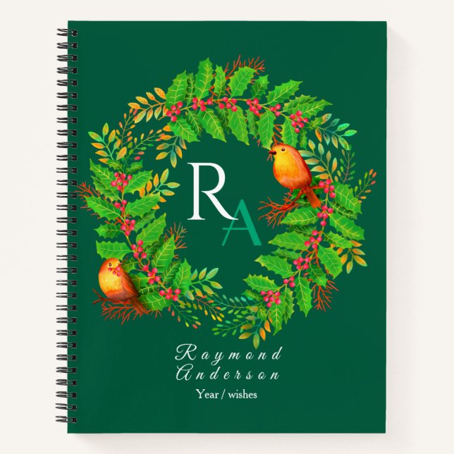 Carnet Chasseur de monogramme de couronne de Noël Vert (Devant)