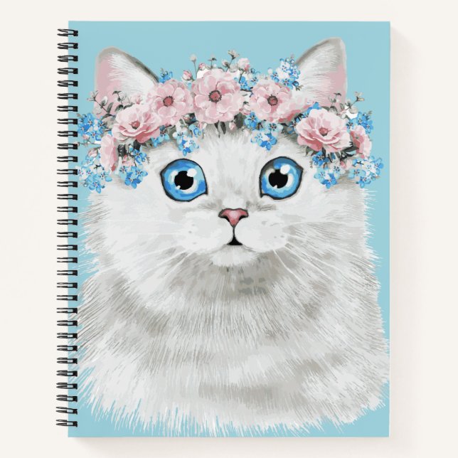 Carnet Chat à fleurs blanc sucré (Devant)