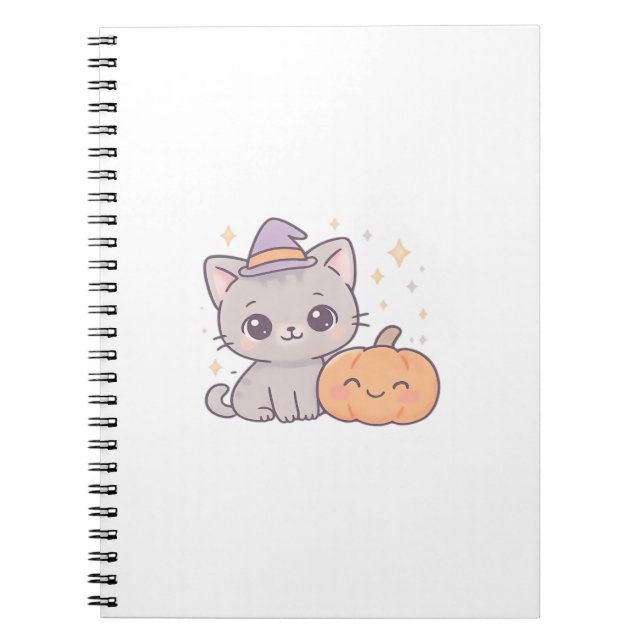 Carnet Chat avec chapeau de sorcière et citrouille souria (Devant)