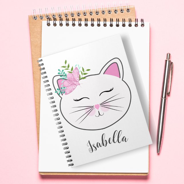 Carnet Chat avec papillon rose personnalisé (Kitty charm meets boho butterfly vibes in this whimsical notebook.)