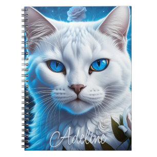 Carnet Chat blanc aux yeux bleu vif Personnalisé