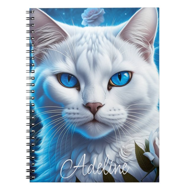 Carnet Chat blanc aux yeux bleu vif Personnalisé (Devant)