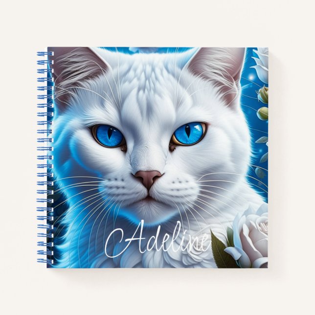 Carnet Chat blanc aux yeux bleu vif Personnalisé (Devant)