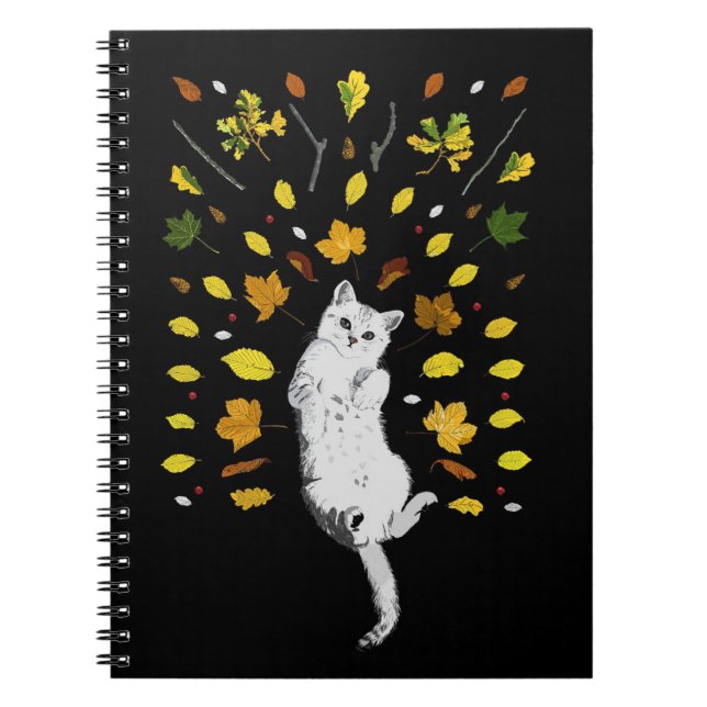 Carnet Chat blanc avec illustration des feuilles de chute (Devant)