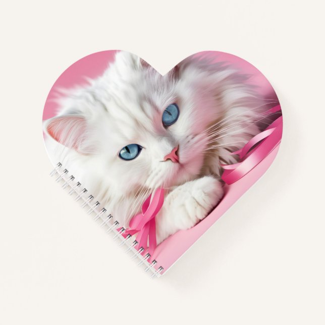 Carnet Chat Blanc Avec Rubans Roses (Devant)