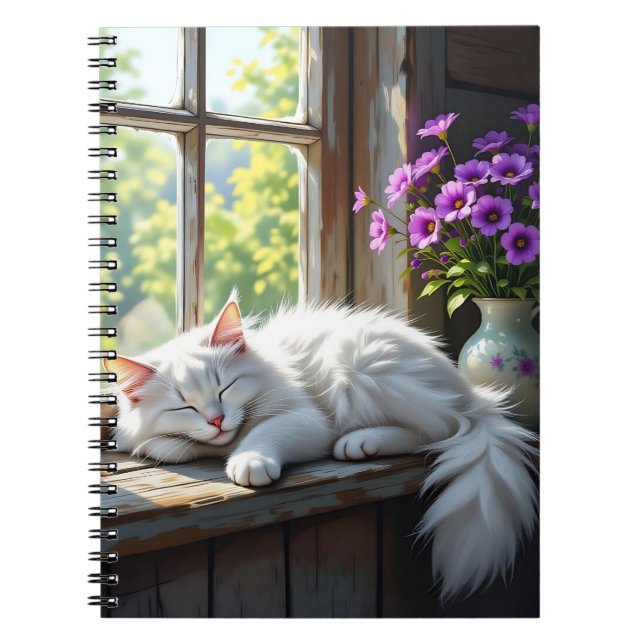 Carnet Chat blanc dormant et fleurs violettes  (Devant)
