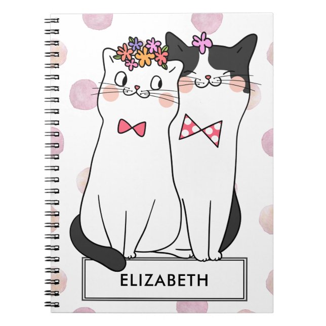 Carnet Chat blanc féminin avec motif à pois à l'aquarelle (Devant)