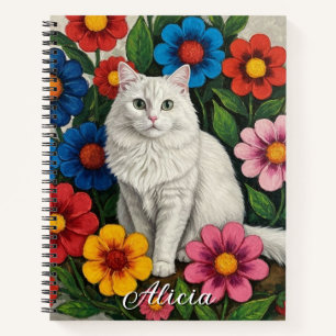 Carnet Chat Blanc Fluffy et Fleurs d'Art Populaire