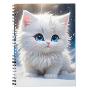 Carnet Chat blanc mignon et duveteux aux yeux bleus et jo