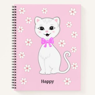 Carnet Chat blanc mignon et fleurs sur rose clair