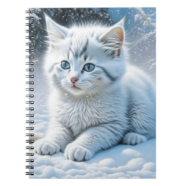 Carnet Chat blanc mignon jouant dans la neige (Devant)