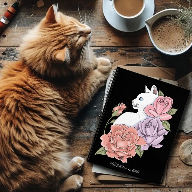 Carnet Chat Blanc Pastel Floral Botanique Romantique Noir (Créateur téléchargé)