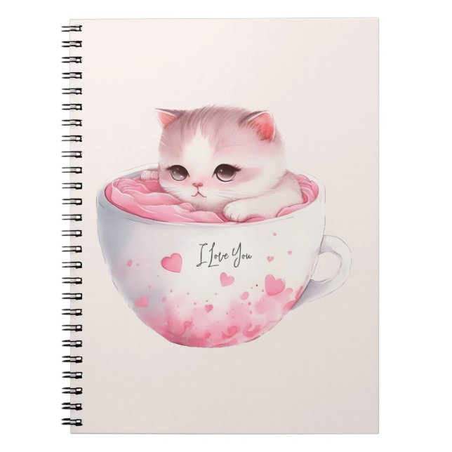 Carnet Chat blanc-rose mignonne dans une tasse de thé (3) (Devant)