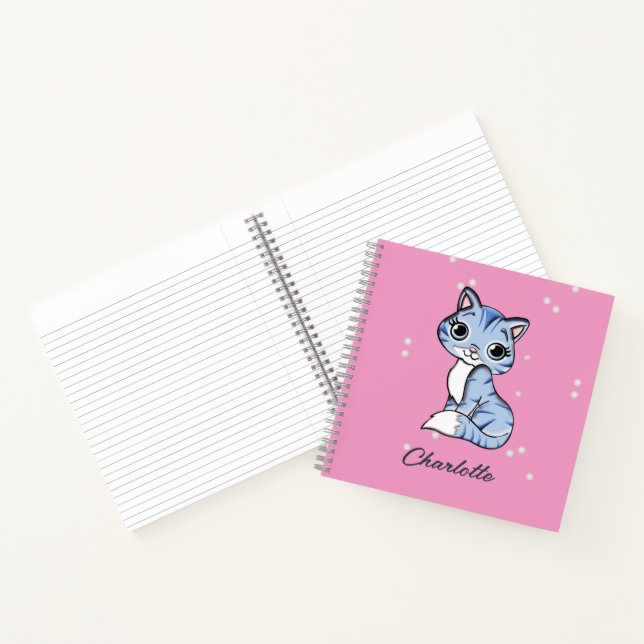Carnet Chat bleu mignon sur nom personnalisé rose (Intérieur)