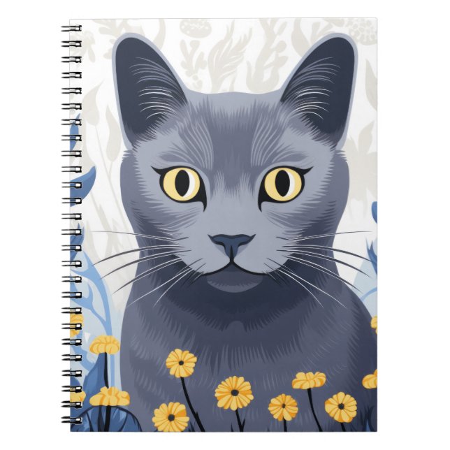 Carnet Chat Bleu Russe Fleurs Jaunes (Devant)