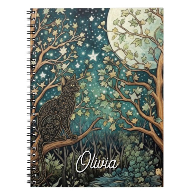 Carnet Chat boho ciel nocturne étoilé forêt boisée (Devant)