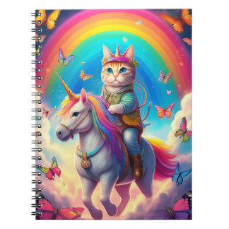 Carnet Chat chevauchant une licorne avec des arcs-en-ciel