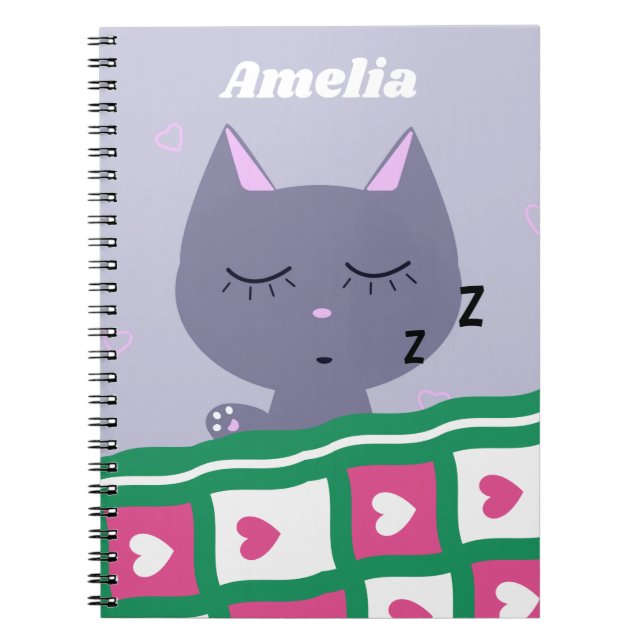 Carnet Chat couché mignon dans le lit Personnalisé (Devant)