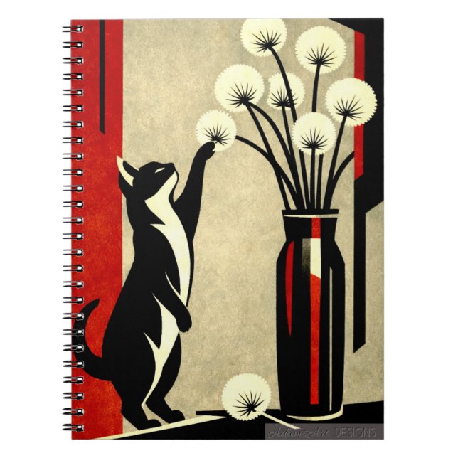 Carnet Chat curieux et pissenlits – Style Art Déco (Devant)