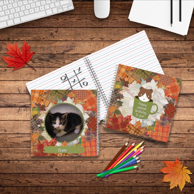 Carnet Chat de congé d'automne (Autumn Break Cat Notebooks show the front, back and inside.)