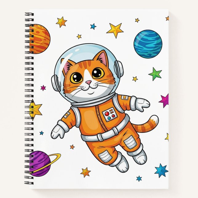 Carnet Chat de dessin animé astronaute flottant dans l'es (Devant)