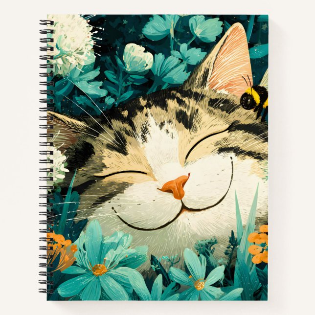 Carnet Chat de jardin fleuri à l'aquarelle abeille endorm (Devant)