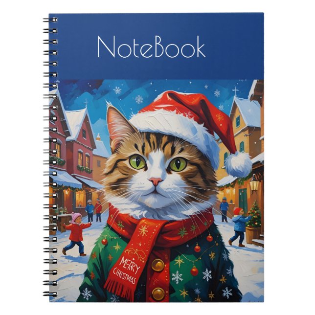 Carnet Chat de Noël festif avec chapeau de Père Noël (Devant)