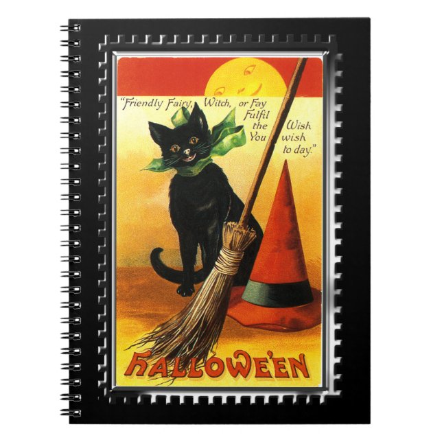 Carnet Chat d'Halloween assis avec chapeau de sorcière (Devant)